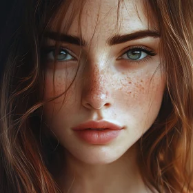 Close-Up of Freckled Redhead with Intense Gaze