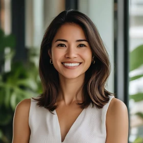 Radiant Smiling Woman Indoors with Greenery