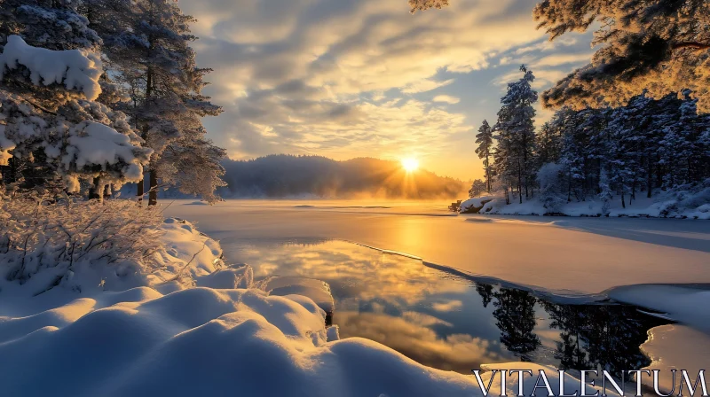 AI ART Golden Sunset Over Icy Winter Lake