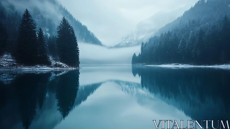 Foggy Lake with Calm Waters and Mountain Views AI Image