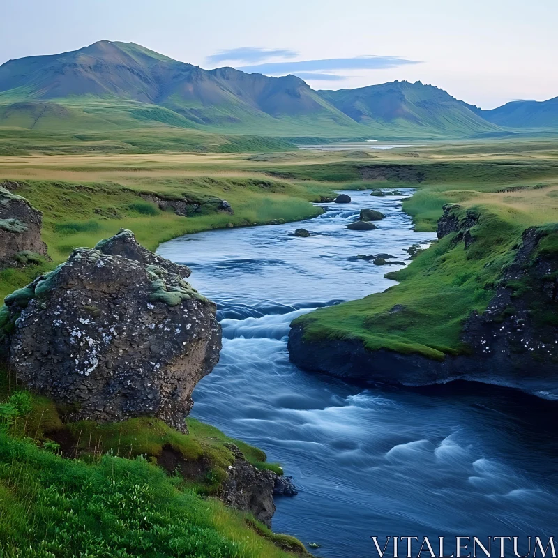 Peaceful River and Green Valley Landscape AI Image