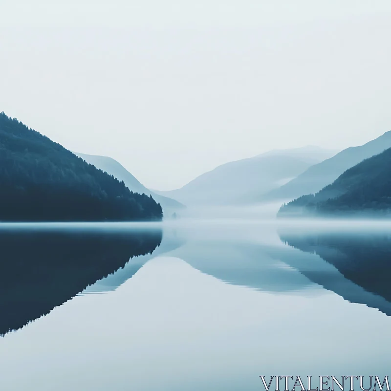 Tranquil Misty Lake and Forested Mountains AI Image