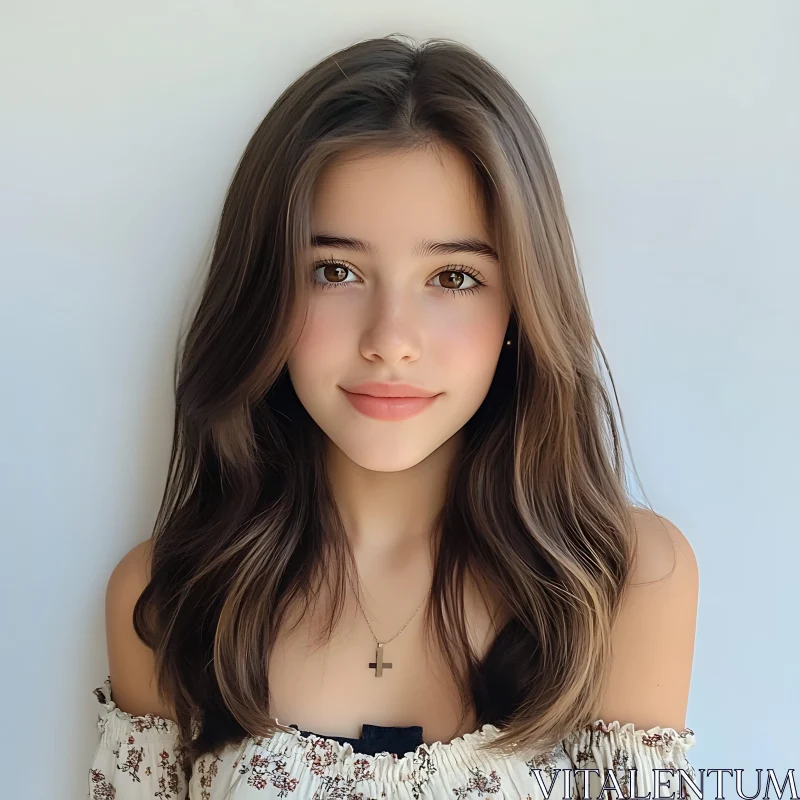 Young Woman Smiling in Floral Top AI Image