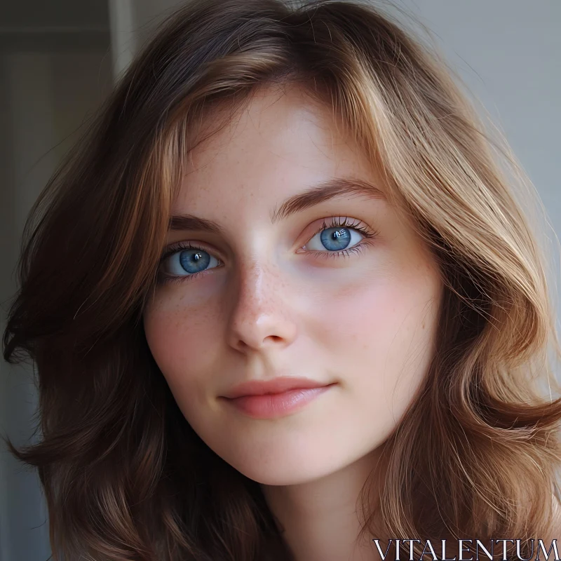 Close-up of a Woman with Blue Eyes and Freckles AI Image