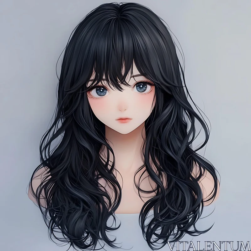 Anime Portrait of a Blue-Eyed Girl with Black Hair AI Image