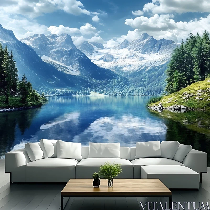 AI ART Living Room with Scenic Mountain and Lake View