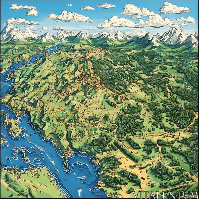 Intricate Landscape Map with Mountains and Rivers AI Image