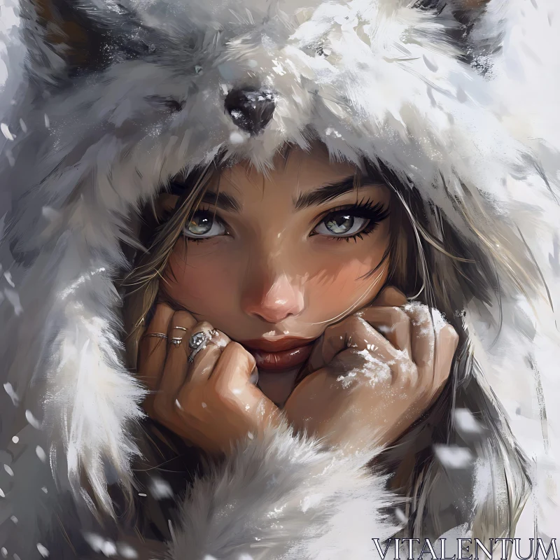 AI ART Woman Portrait in Winter Fur Hood