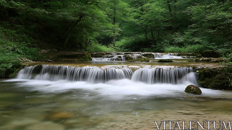 Serene Waterfall in a Green Forest Setting AI Image