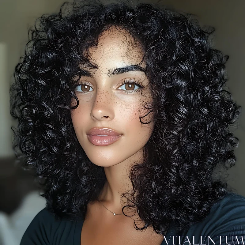 Curly Hair Woman with Brown Eyes and Freckles Portrait AI Image