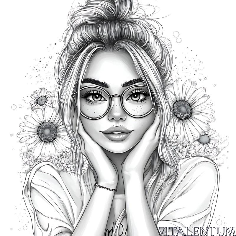 Black and White Portrait of Woman with Floral Background AI Image