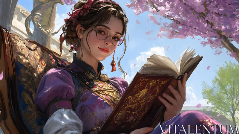 AI ART Elegant Woman Enjoying a Book in Spring