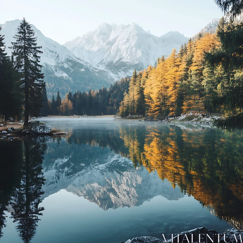 Tranquil Lake with Snowy Peaks and Autumn Forest AI Image