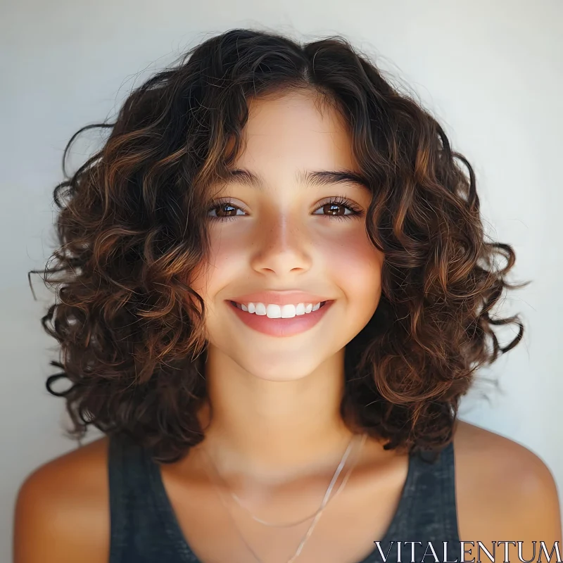 Smiling Young Woman with Curly Hair Close-Up AI Image