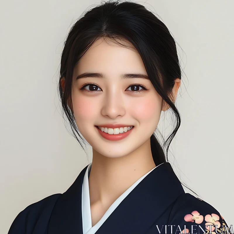 Young Woman Smiling in Floral Kimono AI Image