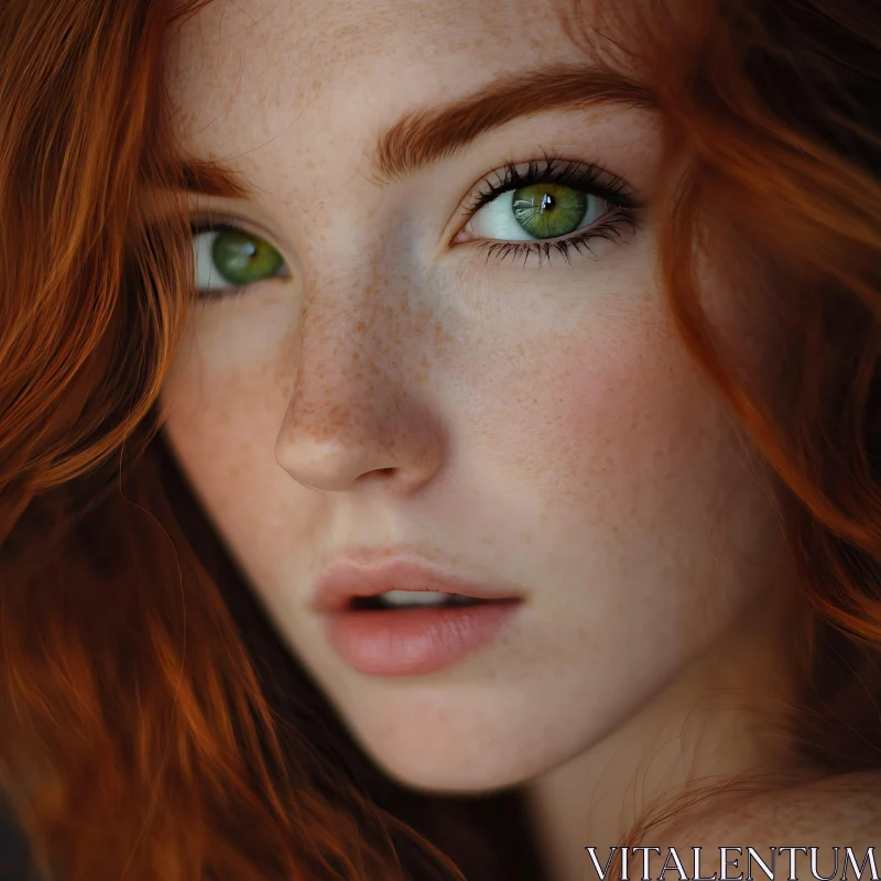 Freckled Redhead with Green Eyes - Close-up Portrait AI Image