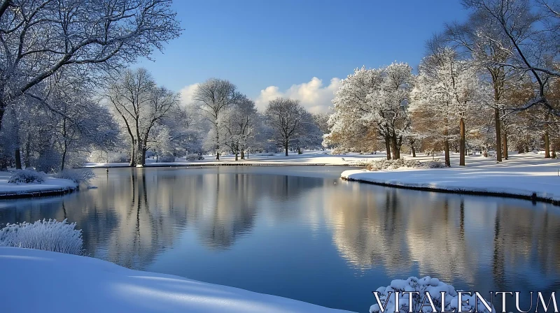 Snowy Winter Scene with Tranquil Lake and Trees AI Image