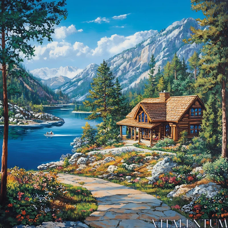 Tranquil Mountain Cabin Landscape AI Image