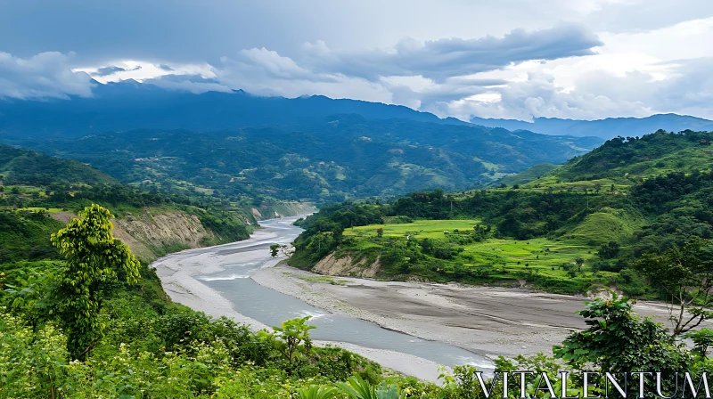 Serene River in Verdant Mountain Landscape AI Image