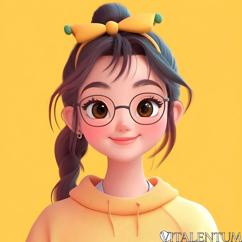 Cute Anime Girl with Ponytail, Glasses, and Yellow Bow AI Image