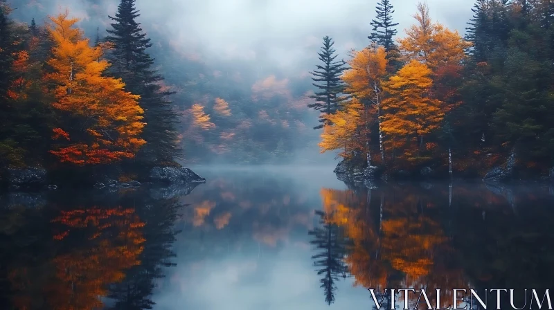 Enchanting Foggy Lake in Fall AI Image