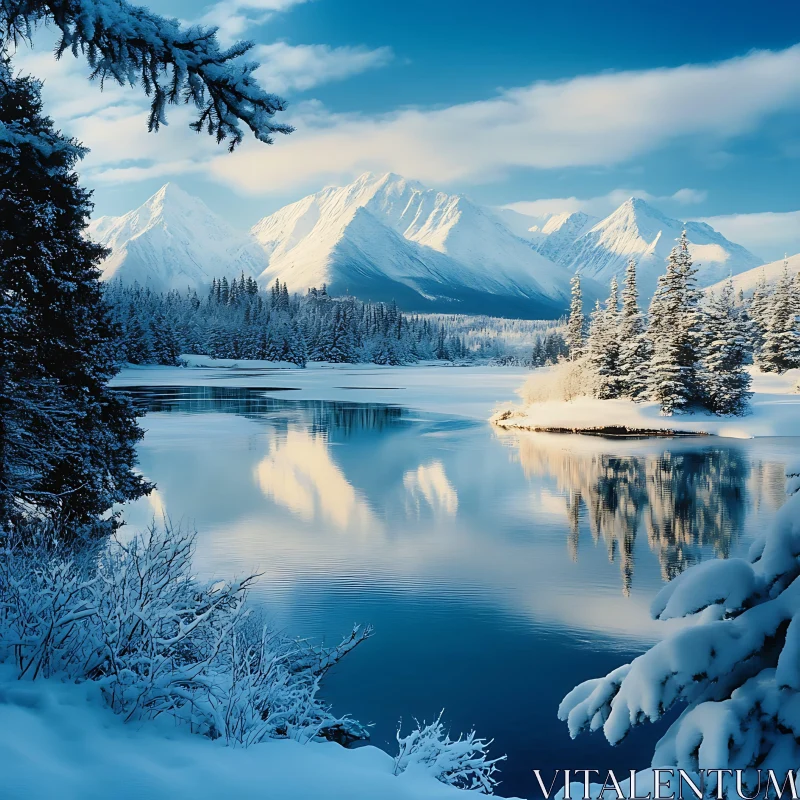 Winter Wonderland: Snow and Reflection in Mountain River AI Image