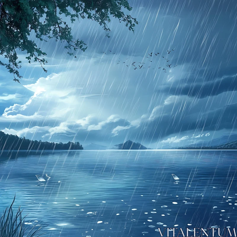 Heavy Rain Over Peaceful Lake and Gloomy Sky AI Image