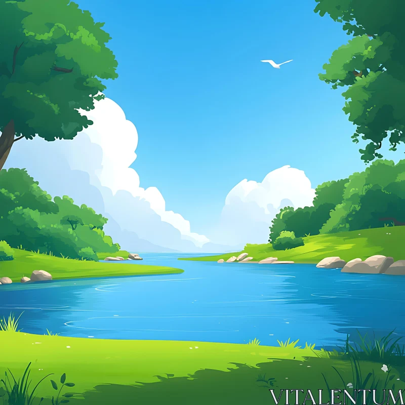 AI ART Tranquil Nature Scene with River and Green Surroundings