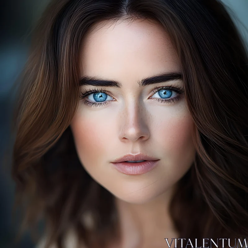 AI ART Close-Up of Brunette Woman with Bright Blue Eyes