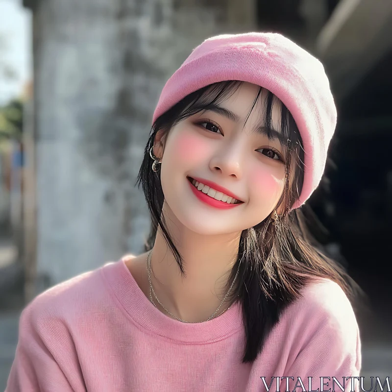 Cheerful Woman Wearing Pink Beanie AI Image