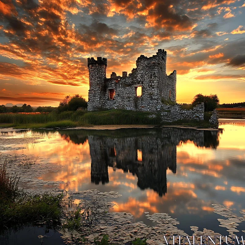 Ancient Castle Ruins Reflected in a Sunset-Hued Lake AI Image