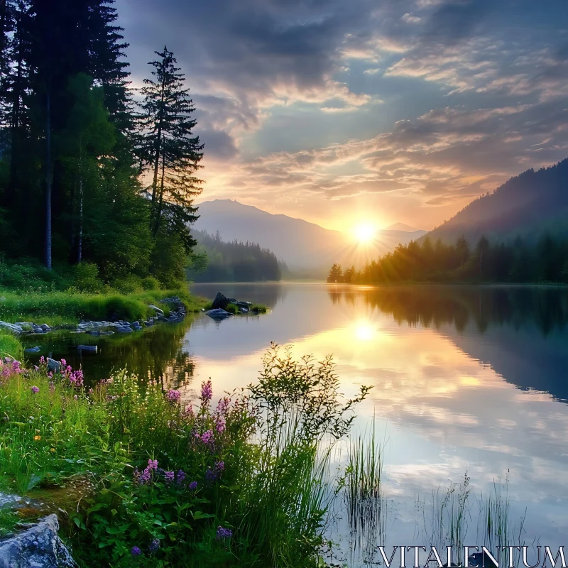 Natural Serenity at Sunset by the Lake AI Image