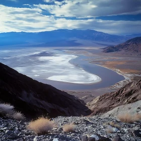 Desert Landscape with River and Mountains