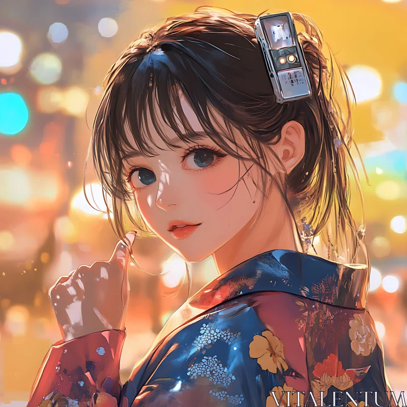 Anime Girl Portrait with Stunning Night Light Background AI Image