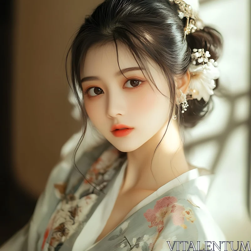 Elegant Portrait of a Woman in Kimono AI Image