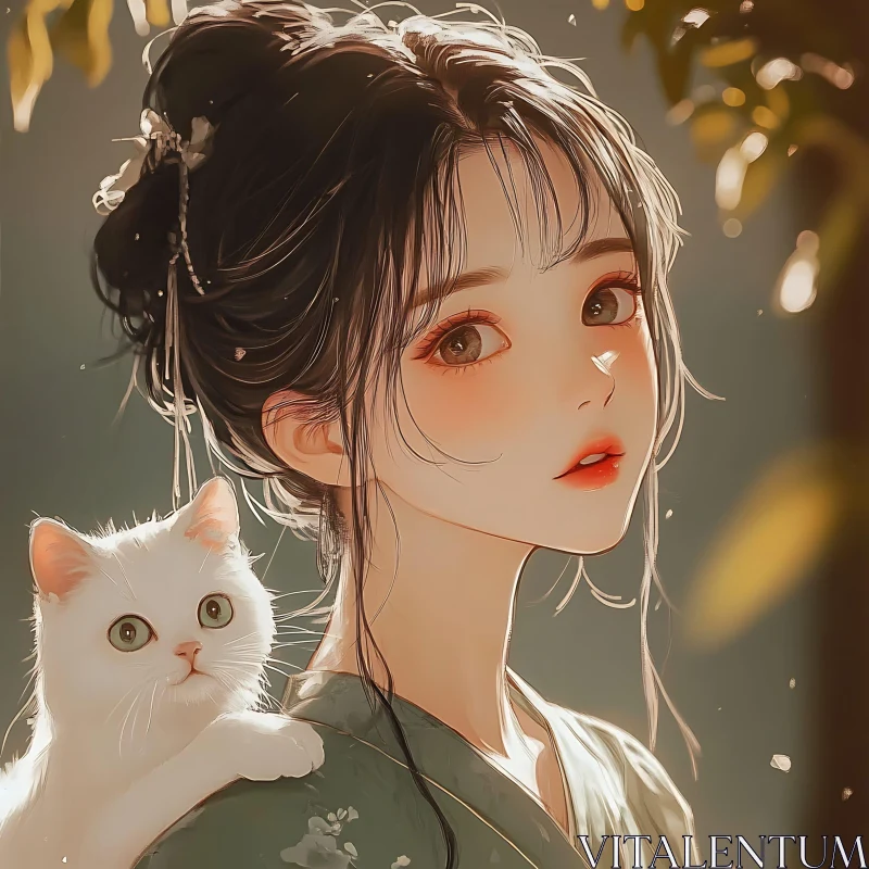 AI ART Ethereal Anime Portrait with Cat and Sunlight