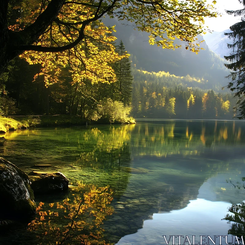 Serene Lake with Autumn Foliage Reflections AI Image