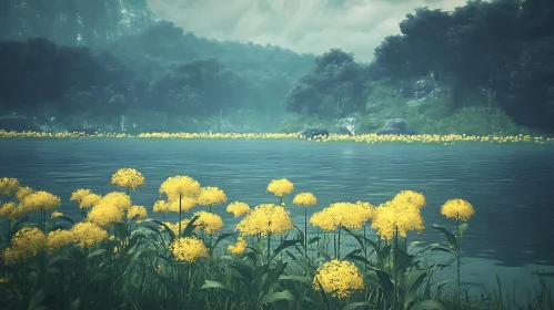 Tranquil Lakeside with Yellow Blossoms and Mist