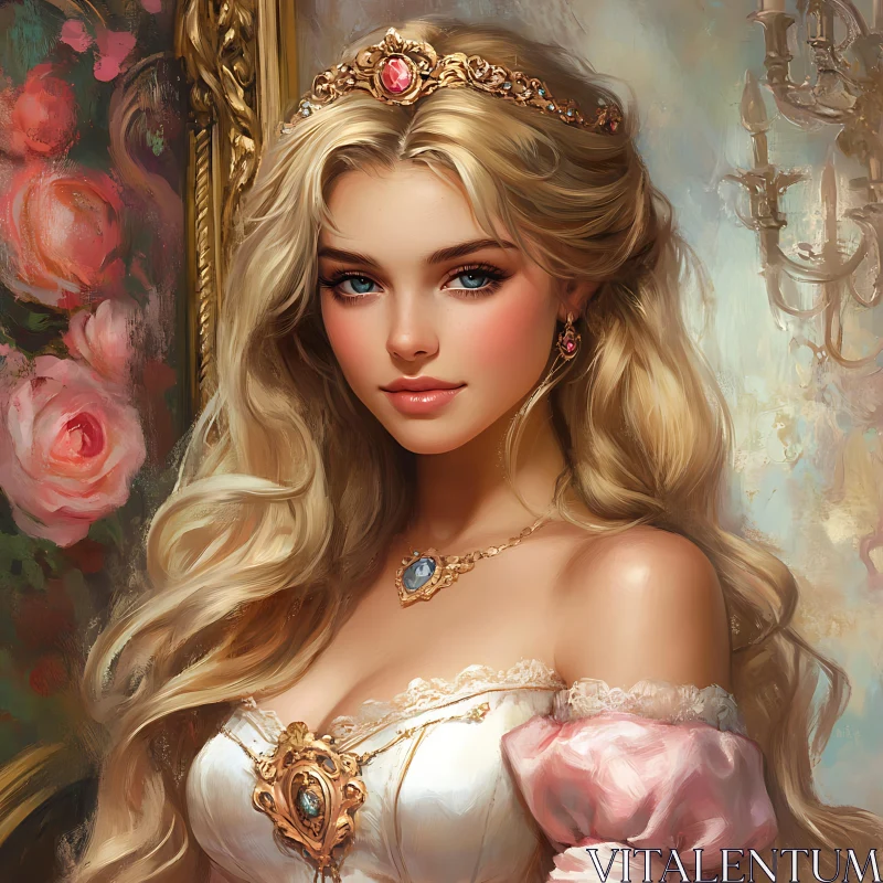 AI ART Royal Princess with Golden Tiara and Roses