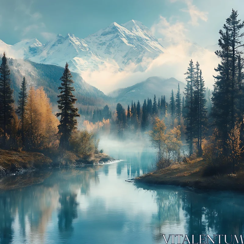 Snowy Peaks and Misty River with Autumn Forest AI Image