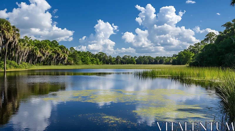 AI ART Serene Lake Landscape with Reflected Clouds and Greenery