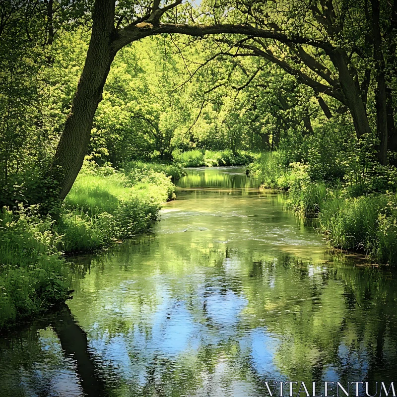 Serene River Flowing Through Lush Green Forest AI Image