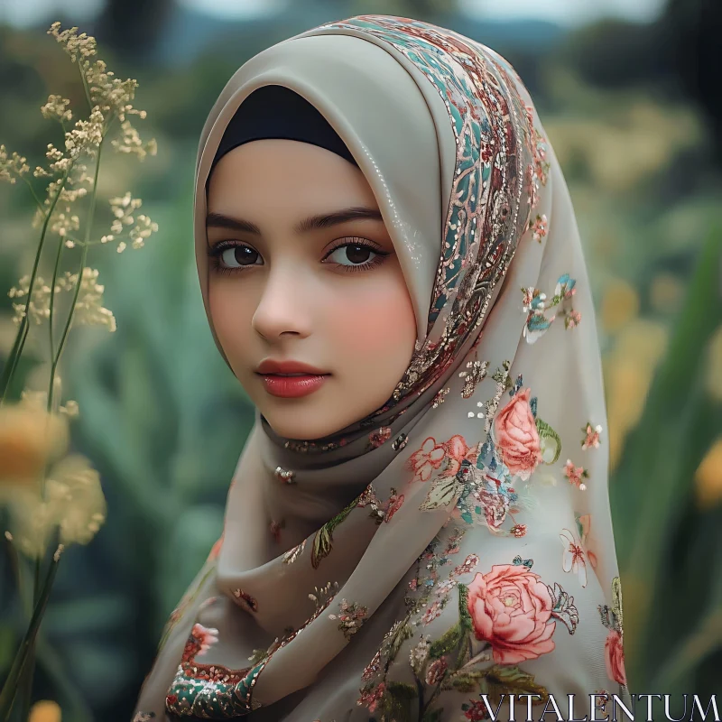 AI ART Graceful Headscarf Adorned Woman in Floral Landscape