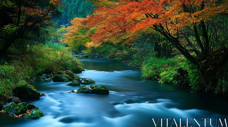 Serene River Through Vibrant Autumn Forest AI Image