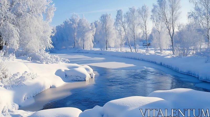 Winter Wonderland: Snow-Covered River Scene AI Image