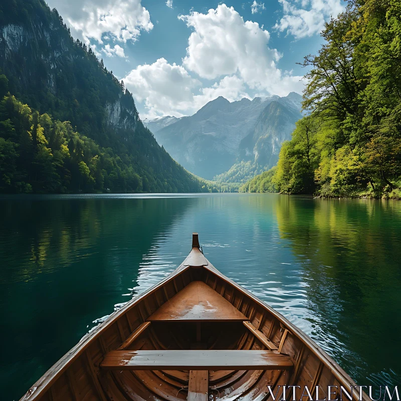 Peaceful Lake Scene with Wooden Boat and Mountains AI Image