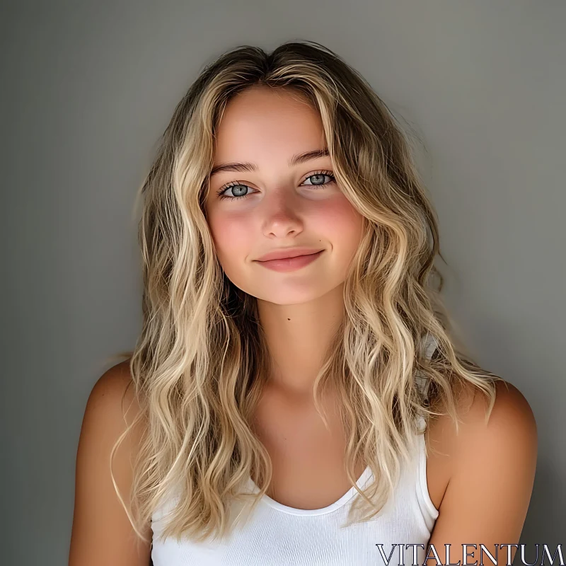 Smiling Young Woman in White Tank Top AI Image