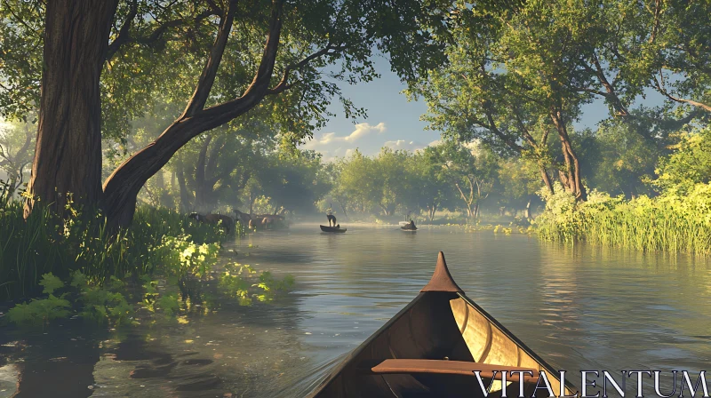 Peaceful River Canoeing Through Forested Landscape AI Image