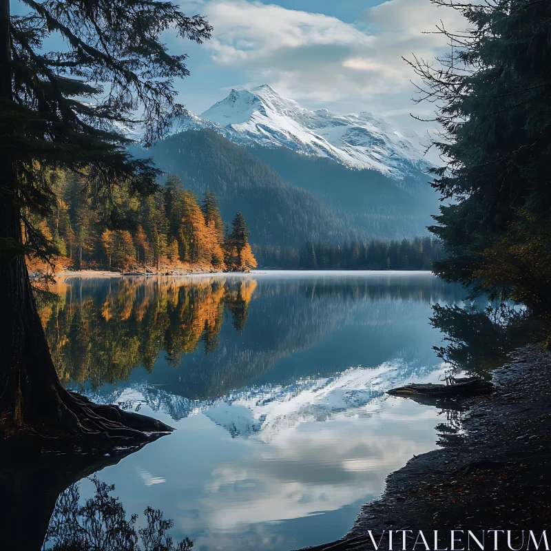 Tranquil Lake with Snow-Capped Mountain Reflections AI Image