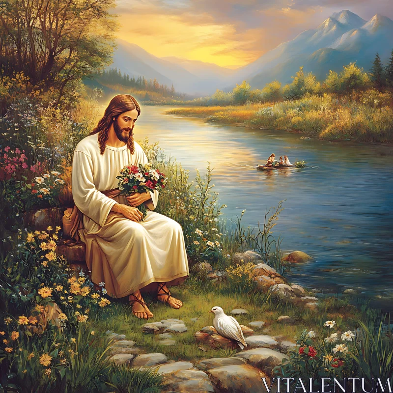 Tranquil Riverbank with White-Robed Figure and Wildlife AI Image